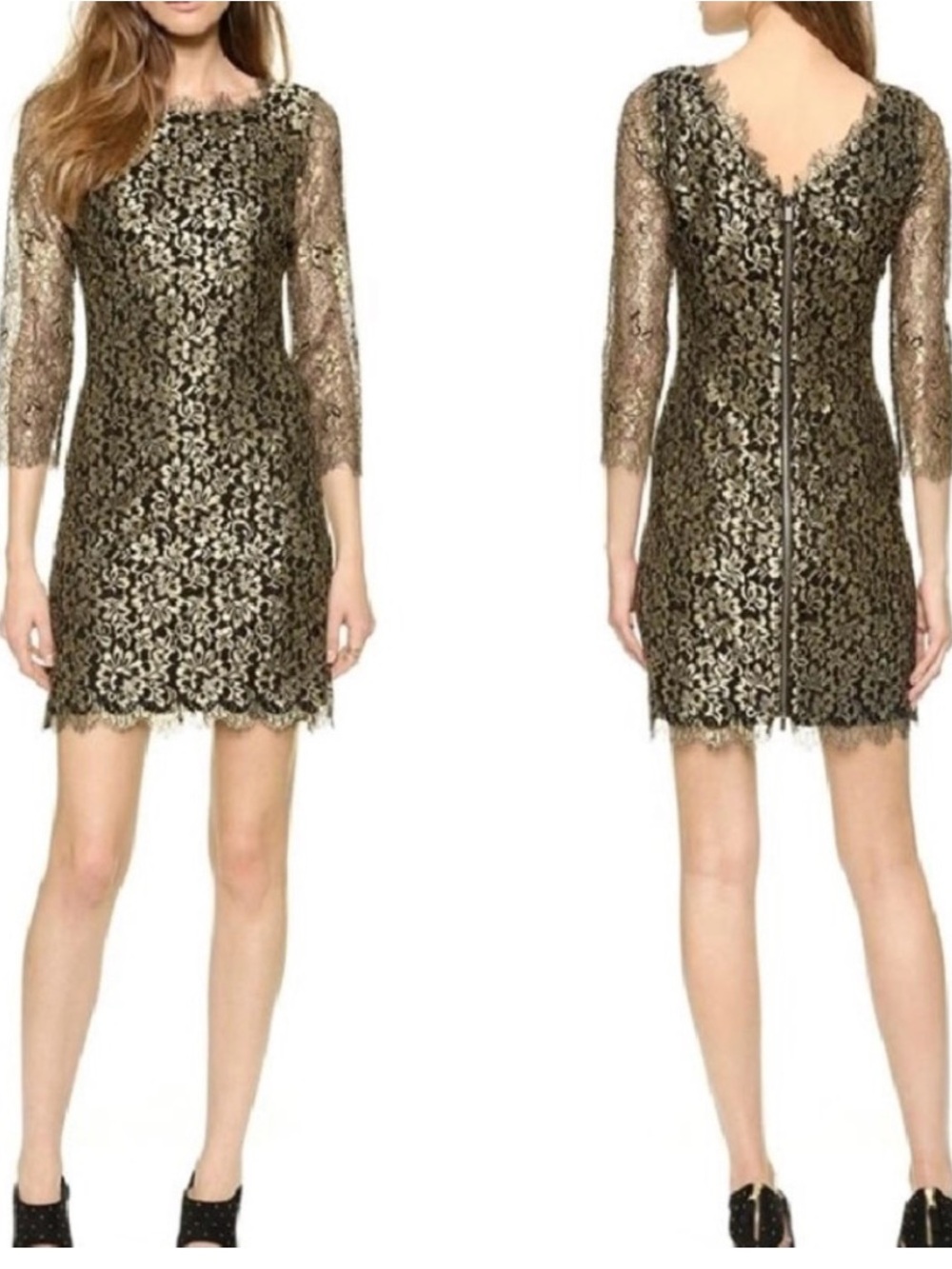 Diane Von Furstenberg Metallic Gold Lace Mini Dress